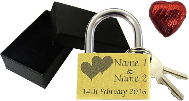 Lock of Love 40mm Personalised Engraved Valentines Heart Padlock & Gift Box Anniversary + Choc