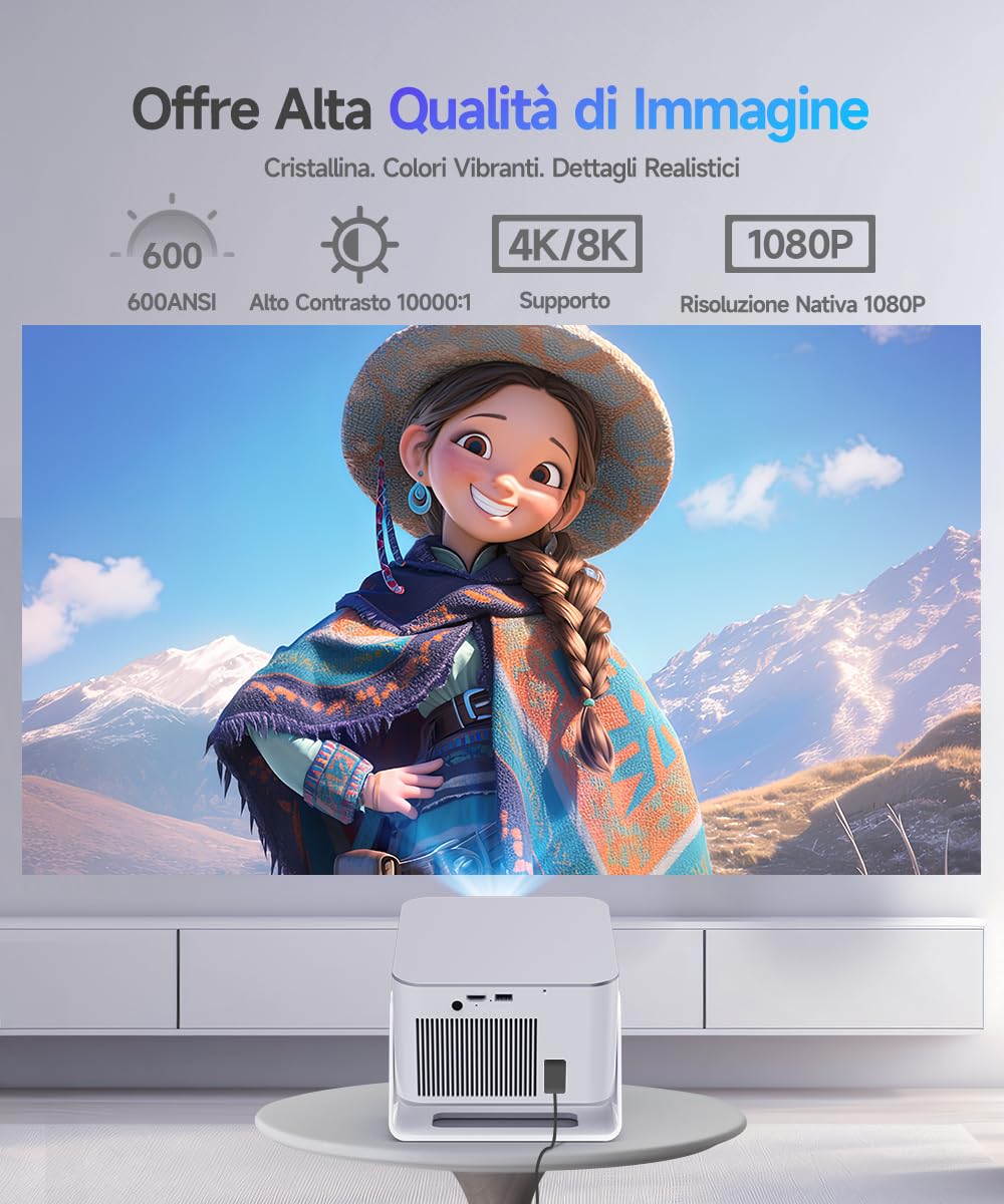 Alwtniet Proiettore Portatile 4K 8K [1080P Nativo e App Integrate] Mini Videoproiettore WiFi 6 Bluetooth 5.4 Android 14 Auto Keystone 6D/Auto Evita Ostacoli per Telefono, Smart TV, HDMI,USB HY350 Max