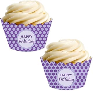 Andaz Press Birthday Party Cupcake Wrapper Decorations, Purple Polka Dots, Happy Birthday, 24-Pack