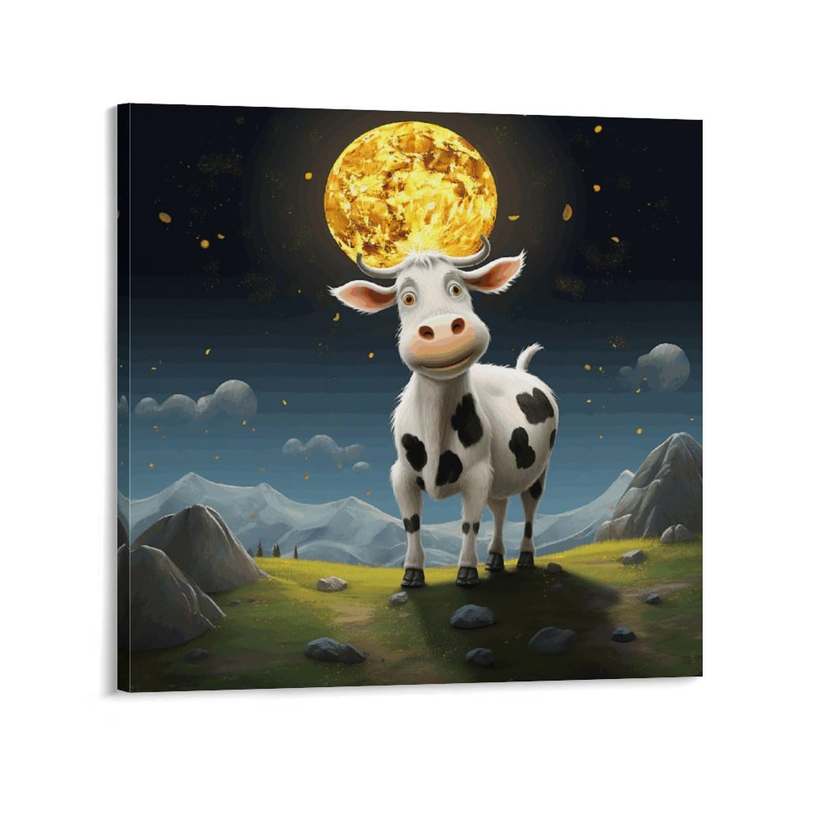 KLOPH Cow over The Moon Canvas Wall Art for Living Room 08x8inch Modern Artwork Painting for Bathroom Hanging Canvas Prints Aesthetic Wallart for Bedroom Kitchen Office Wall Decor