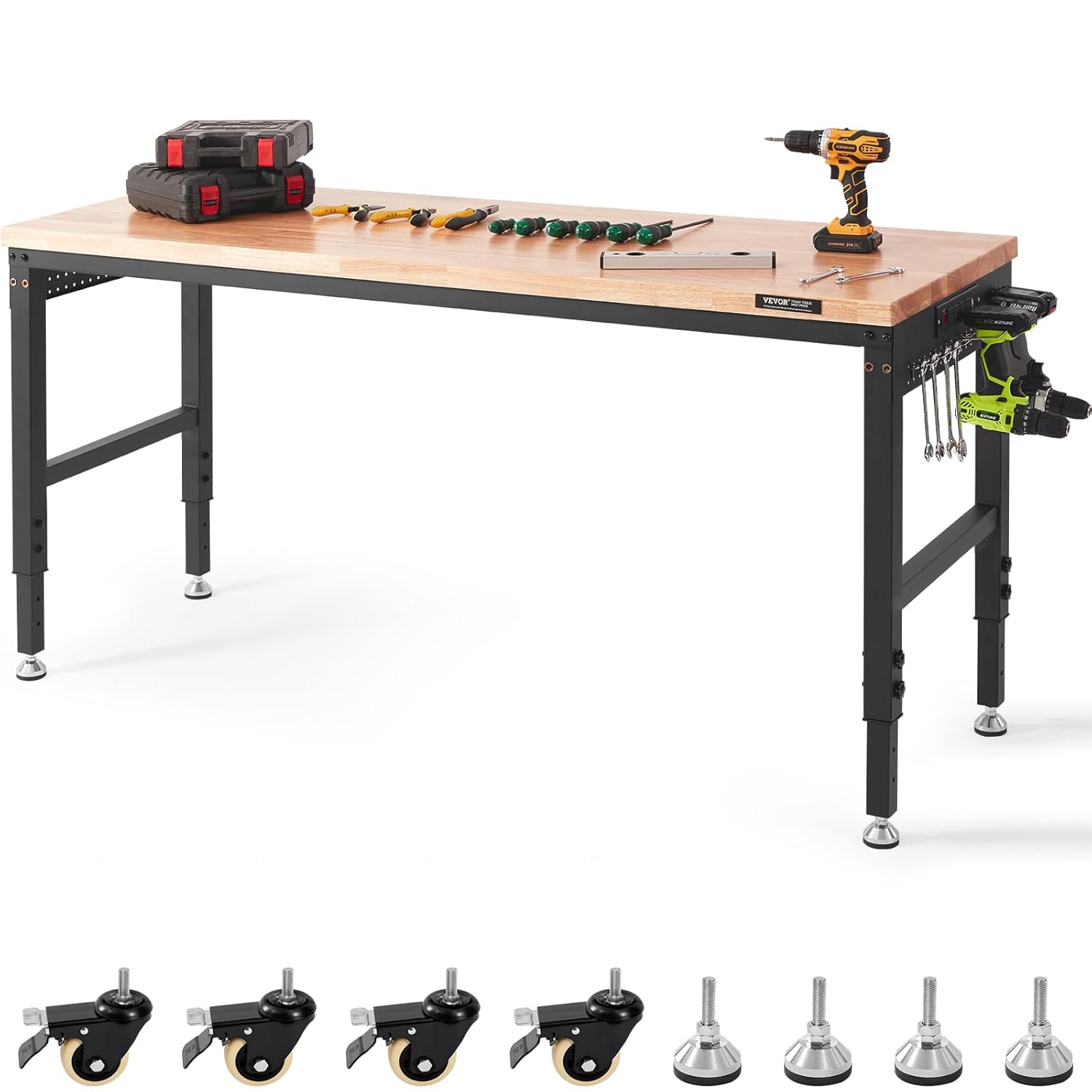 VEVOR 72" Adjustable Heavy-Duty Workbench - 3000 lbs Capacity Hardwood Top, Power Outlets, Mobile Wheels for Garage Workshop