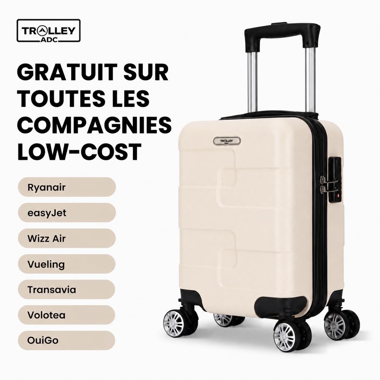 Valise Cabine Underseat 40x30x20 cm | Bagage Gratuit Ryanair, easyJet, Wizz Air, Vueling, Transavia, Volotea | Roues Amovibles | Ultra Légère 2,3 kg