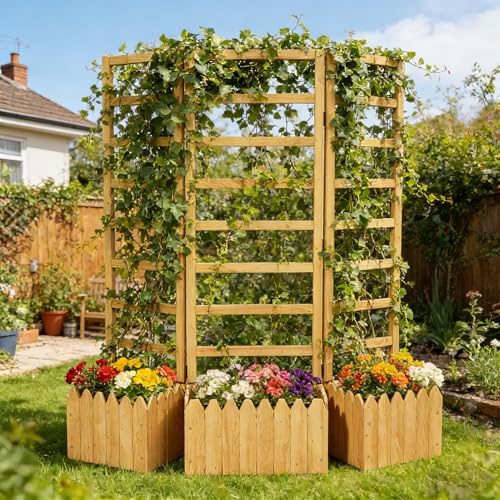 3 Panels Privacy Screen with Planter Box Outdoor,Vertical Raised Garden Bed for Climbing Plants Garden Fence with Trellis & Drain Holes for Vegetables, Flowers on Patio, Balcony & Backyard (Wood2)