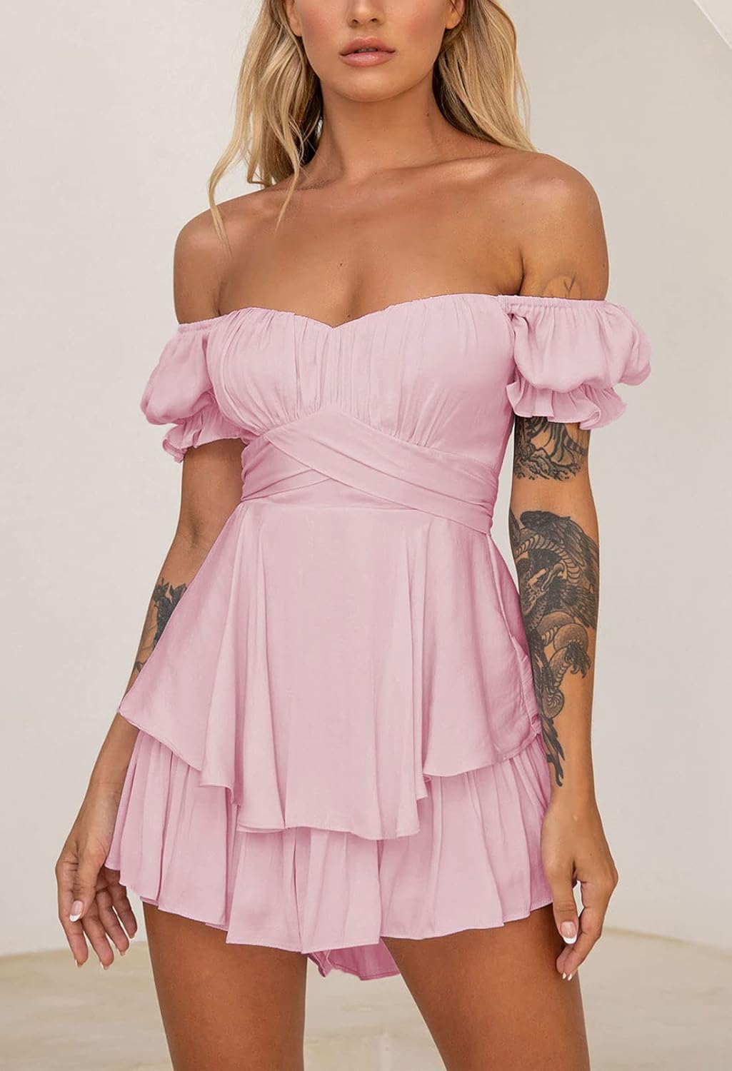 Fixmatti Women Boho Romper Off Shoulder Ruffle Chiffon Shorts Jumpsuit Playsuits - Image 6