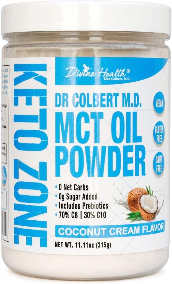 Dr. Colbert, MD MCT Oil Powder | Coconut Cream Flavor | by Divine Health | Keto Zone | 75/C8 25/C10 | 0 Net Carbs | 30 Day Supply | 315g