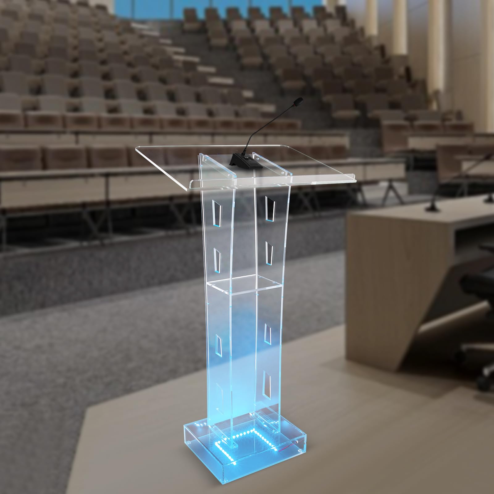Podium - Leggio da scrivania in piedi, con luce LED blu, per scuole, chiese, messaggi, matrimoni, discorsi, podio