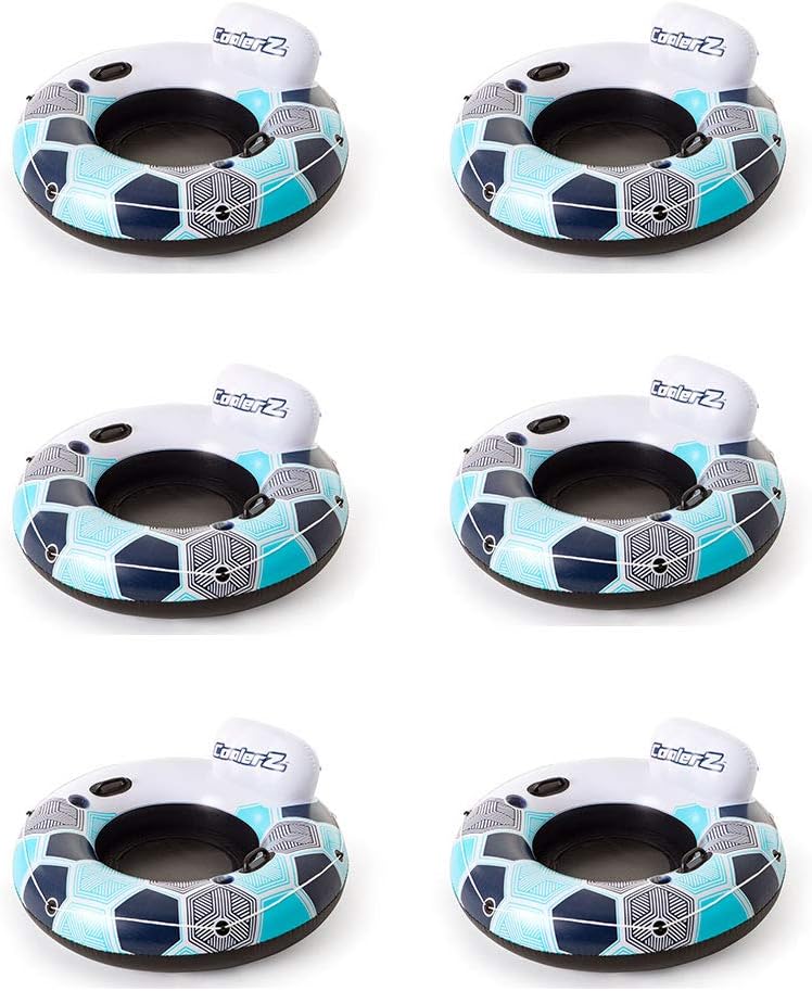 15496 CoolerZ Rapid Rider Inflatable River Lake Pool Inner Tube Float with Built in Backrest and Wrap Around Grab Rope, Blue Hexagon