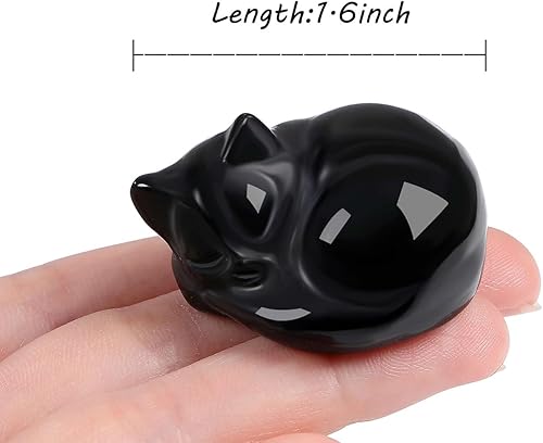 Miniatura 3 de LAIDANLA Estatua de gato dormido de obsidiana negra, cristales curativos tallados a mano, bonita escultura de figura de gatito de 1.6 pulgadas,