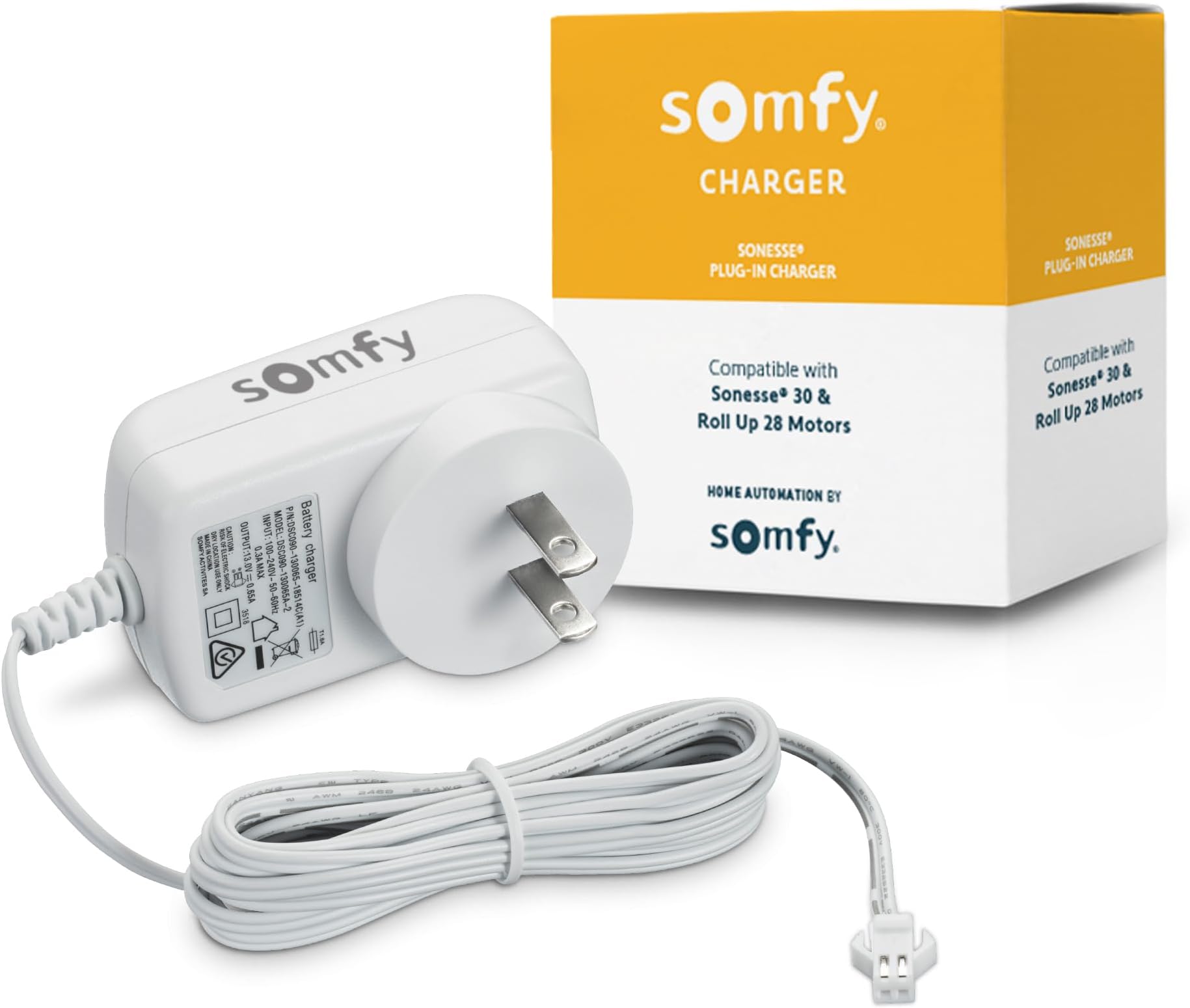 Somfy Charger for V1 Wirefree Motors – Compatible with ST30 & R28 – Internal Lithium-Ion Battery – 2-Pin Connector – 13.3V Output – 8-Hour Charge – Extended Cable – #9020672