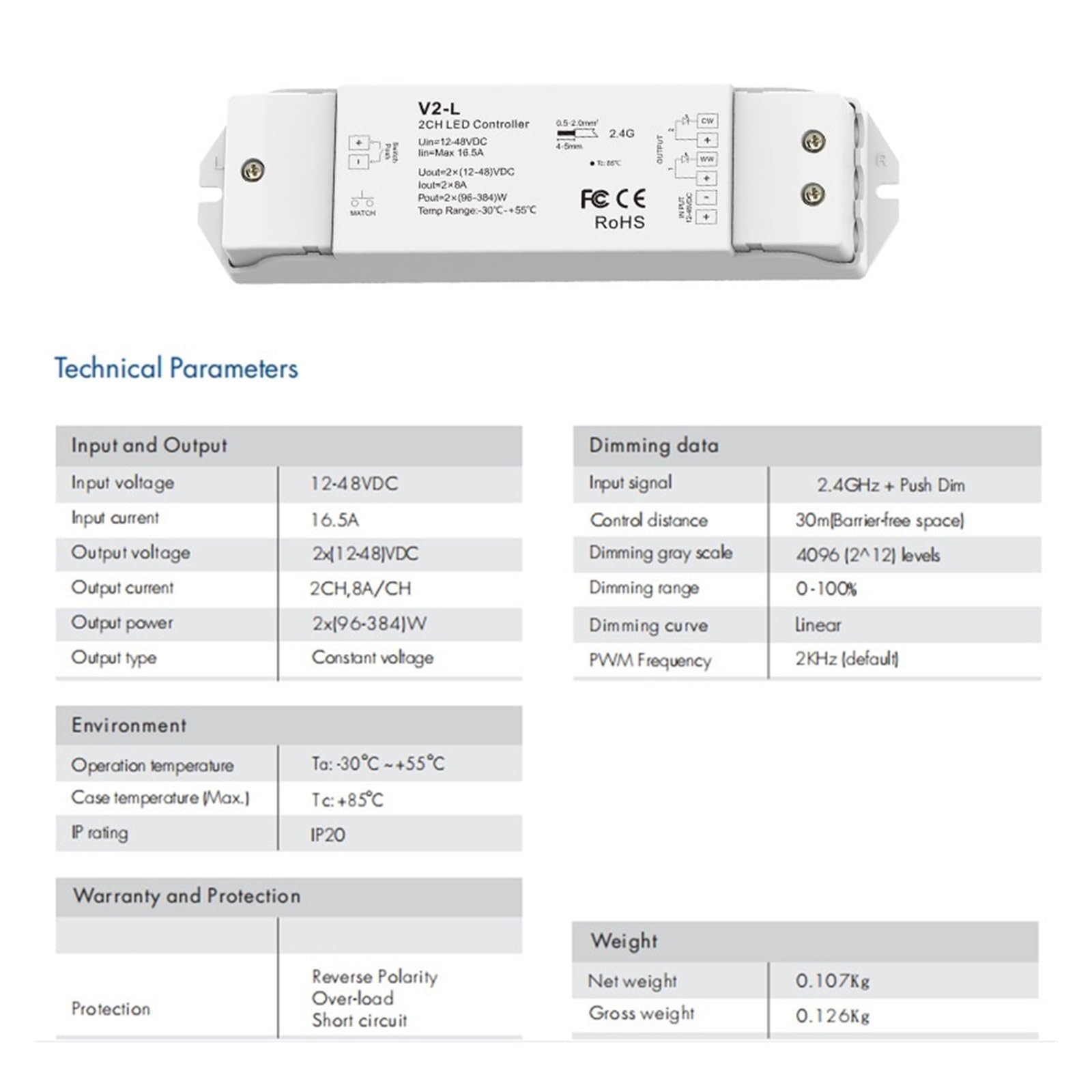 Controlador LED V2-L atenuador LED 12-48V 2CH 16A 2,4G Control remoto WW CW interruptor regulador de intensidad LED for tira de luz LED blanca doble CCT(V2-L only)