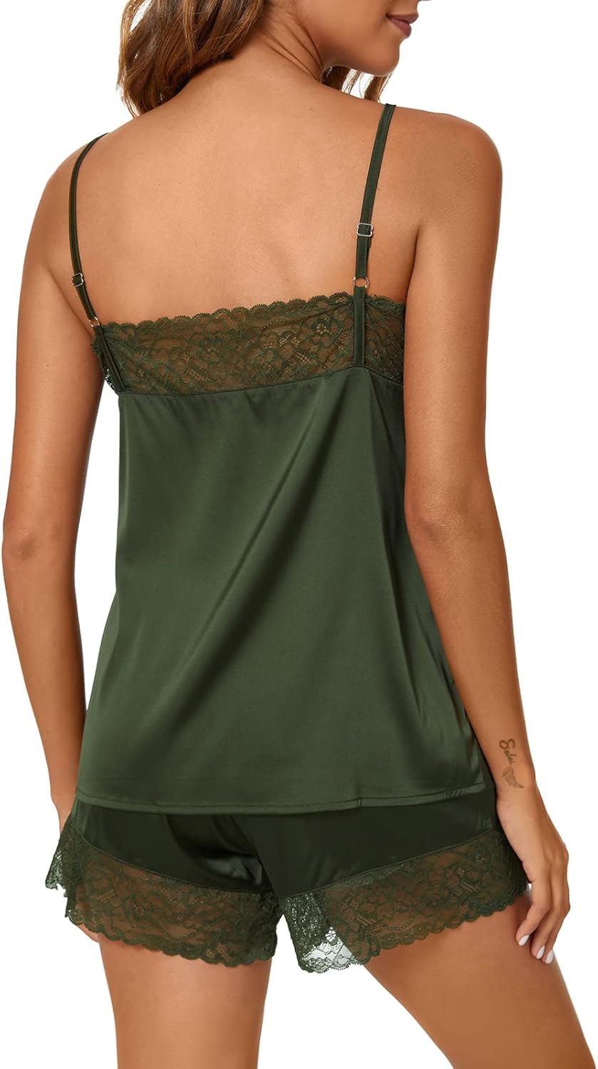 Satin Pajama Sets Womens Sexy Lingerie Lace Trim V Neck Cami Shorts Sleepwear Two Piece Pj Set - Image 2