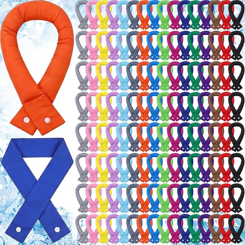 Eurzom 128 Pcs Cooling Neck Wraps Bulk with Button Ice Scarf Water Soaking Wraps Coolers Neck Bandana Headband for Women Men Dog, Hiking Camping Hot Summer Outdoor