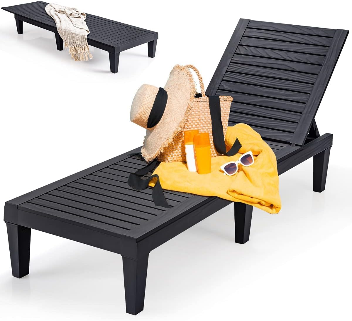 RELAX4LIFE Tumbona Jardín Exterior de PP con Respaldo Ajustable de 5 Niveles y Diseño Hueco, Tumbona Ergonómica Impermeable con 6 Piernas para Jardín, Balcón y Terraza, Carga 180 kg (Negro)