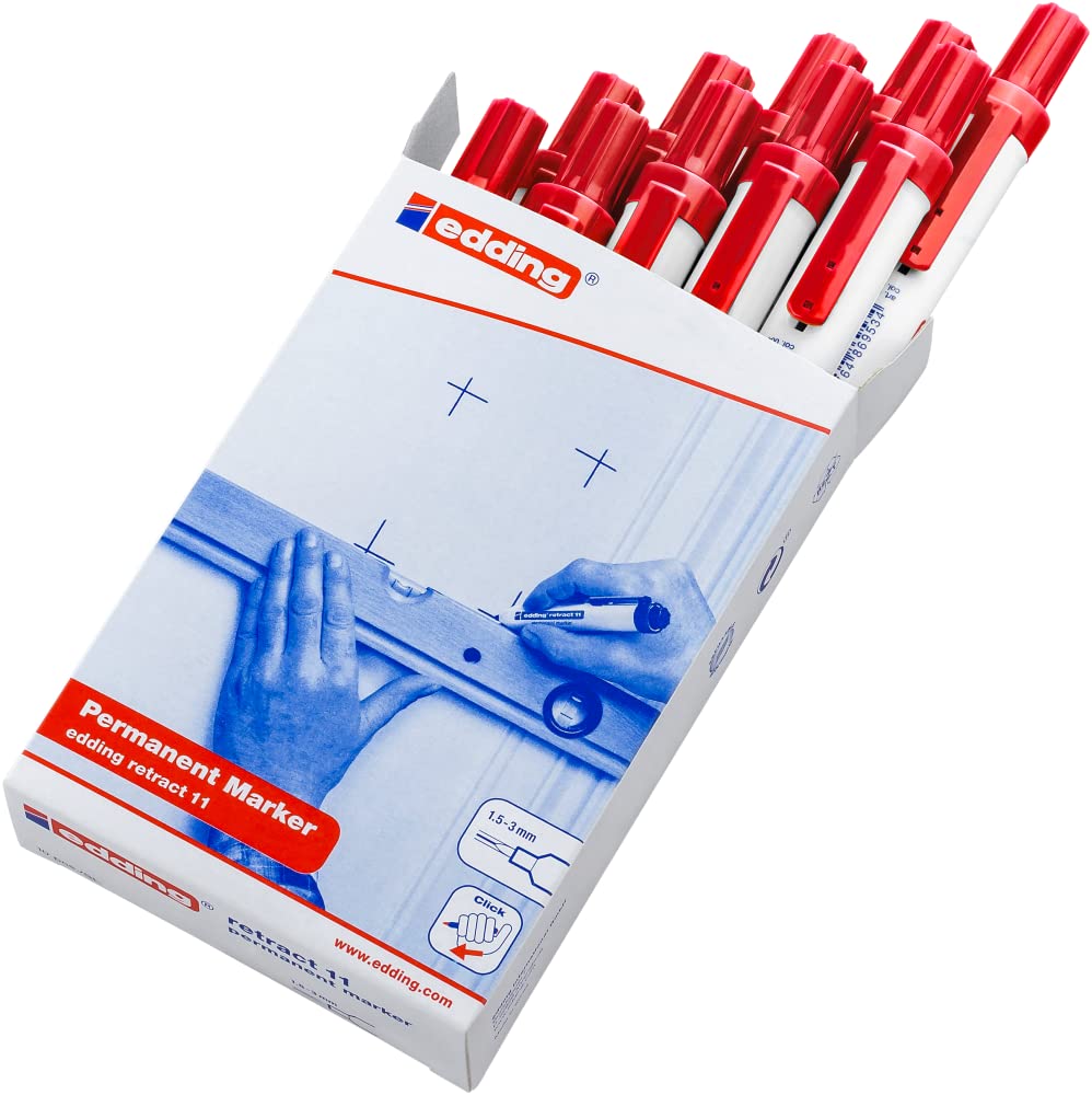 edding retract 11 Marqueur permanent - Rouge - 10 stylos - Pointe ronde 1,5-3 mm - Imperméable, sèche vite - pour une utilisation facile d'une seule main - pour carton, plastique, bois, métal, verre