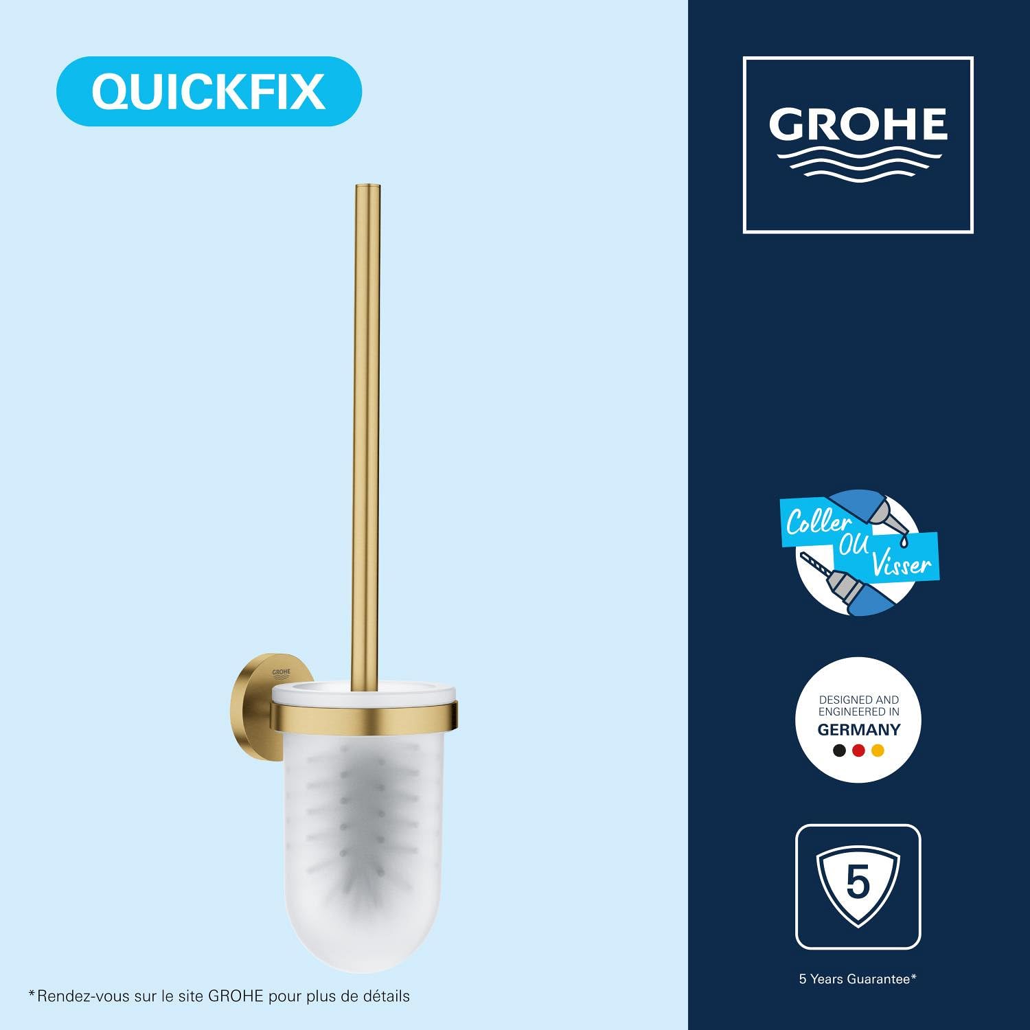 GROHE Start Ensemble Brosse WC avec Support Mural – Métal et Verre, Fixation Murale Cachée, Vis et Chevilles Incluses, Hauteur 398 mm, Gold Brossé Cool Sunrise, 41185GN0