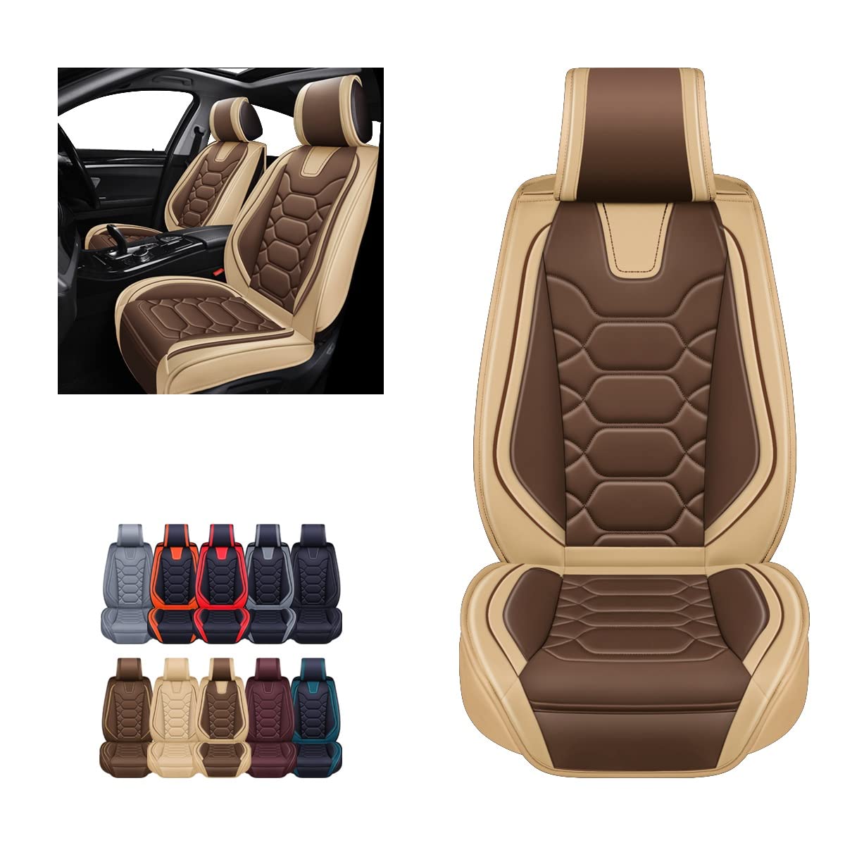OASIS AUTO Car Seat Covers Accessories 2 Pieces Front Premium Nappa Leather Cushion Protector Universal Fit for Most Cars SUV Pick-up Truck, Automotive Vehicle Auto Interior Décor (OS-004 Coffee)