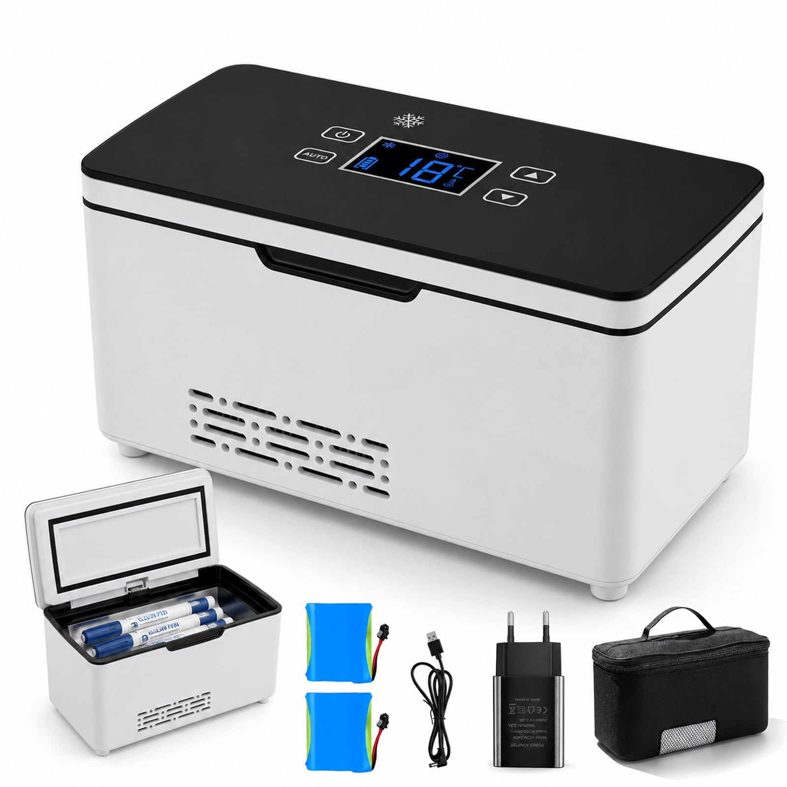 Refrigerador eléctrico portátil para insulina con dos baterías recargable, mini refrigerador, insulina y péptidos, pantalla LED, temperatura ajustable de 0 a 18 °C, uso en casa, viajes y en el coche