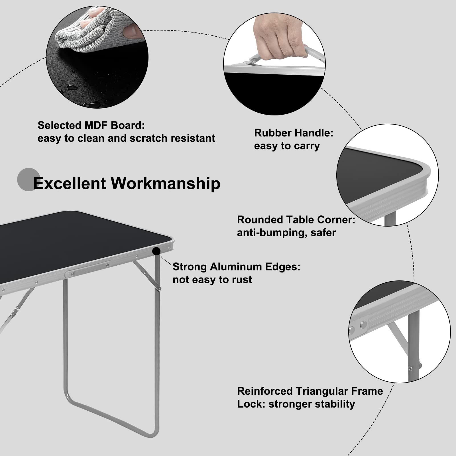 eSituro Campingtafel, aluminium klaptafel, in hoogte verstelbaar, 100 x 60 x 73-94 cm, vouwtafel, picknicktafel, tafelblad van MDF, zwart eSituro Campingtafel, aluminium klaptafel, in hoogte verstelbaar, 100 x 60 x 73-94 cm, vouwtafel, picknicktafel, tafelblad van MDF, zwart