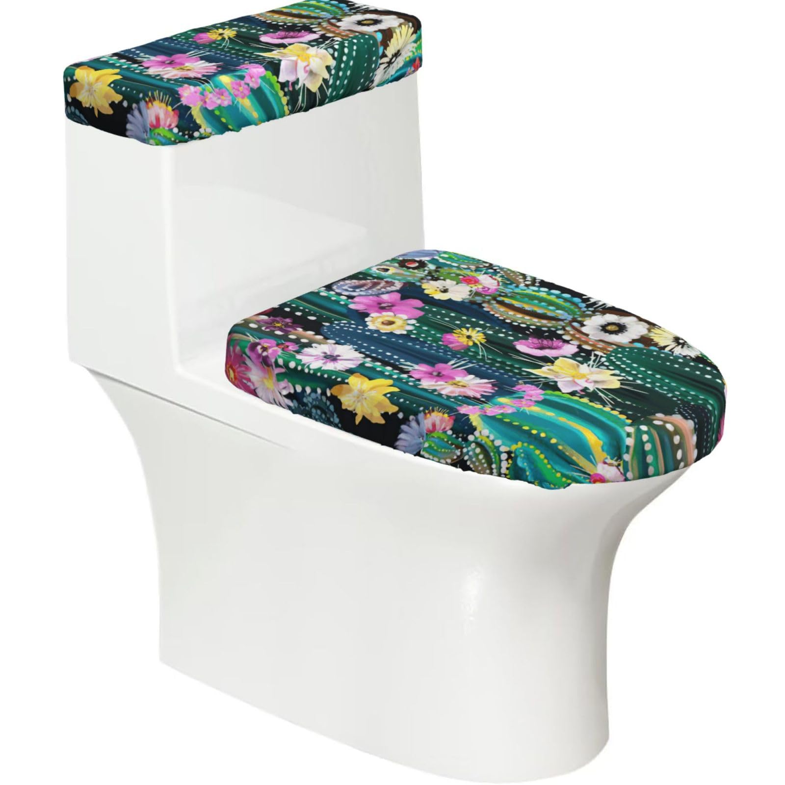 Blooming Cactus Print Stretch Toilet Covers Set, Polyester Covers Replacement For Fits Most Size Lids Bathroom Decor