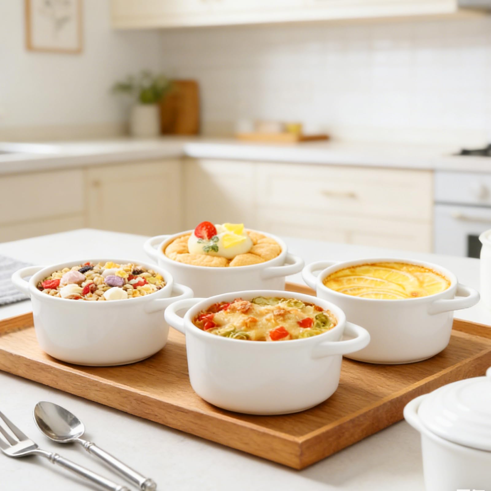 APACALI Lot de 4 mini cocottes avec couvercle, petits ramequins en porcelaine avec poignées, pour lasagnes, soufflé, four, micro-ondes et lave-vaisselle