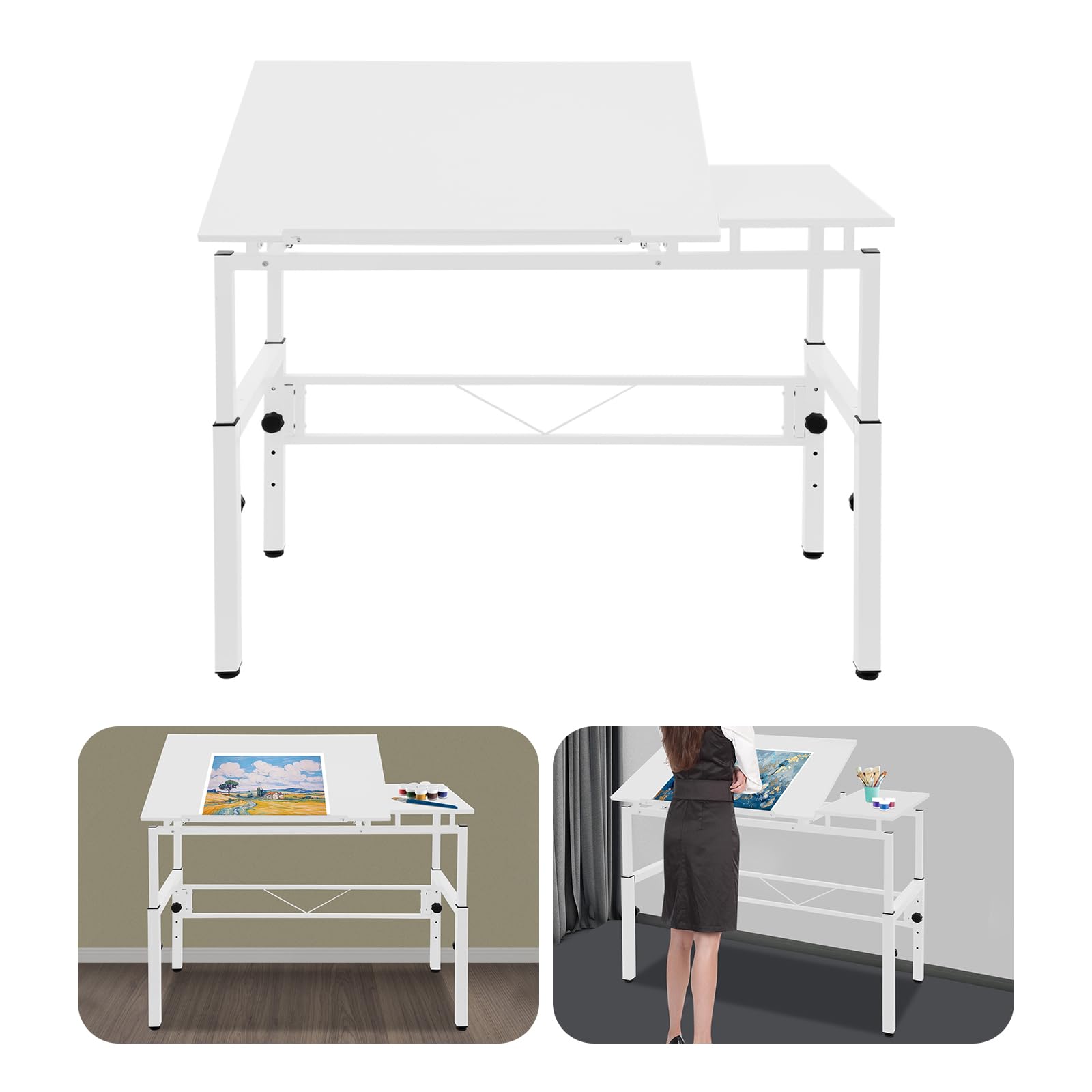 Drawing Table, 0-30 ° Adjustable Angle Drafting Table, Tiltable Tabletop Drawing Desk, 30.31-39.37in Height Adjustable Design Table Workstation for Painting and Writing, White