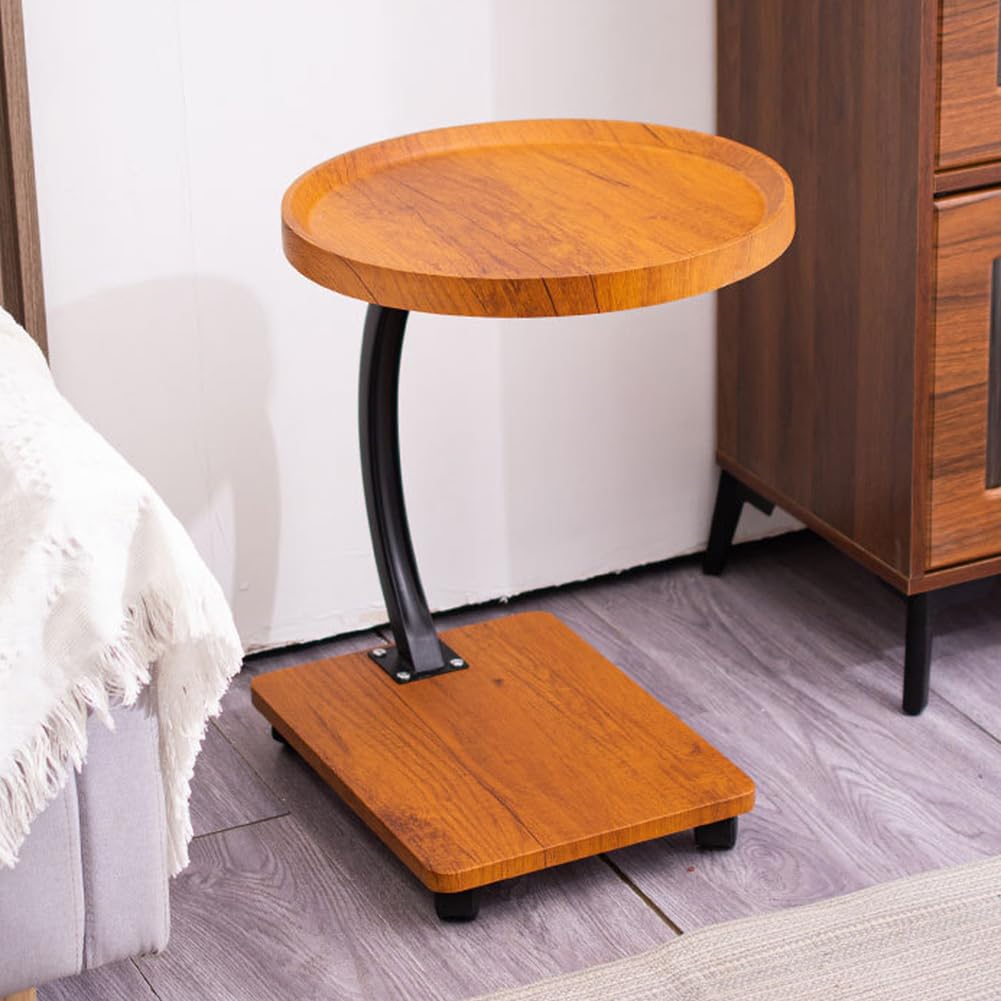 SXZenSpace C-Shaped Round End Table with Rolling Wheels, TV Tray Couch Cart for Living Room,Bedroom,Mobile Space Saver Side Tables Couch,wood