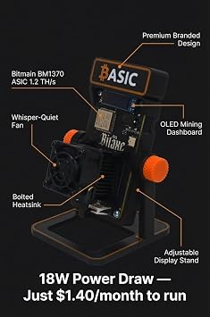 Basic Solo Bitcoin Miner Bitaxe Gamma 601 BM1370 ASIC, 1.2 TH/s Open Source Crypto Mining Device with AxeOS, 2.4G Wi-Fi, OLED Display, Low Noise Home Mining Unit, 5V Power Supply & Stand Included