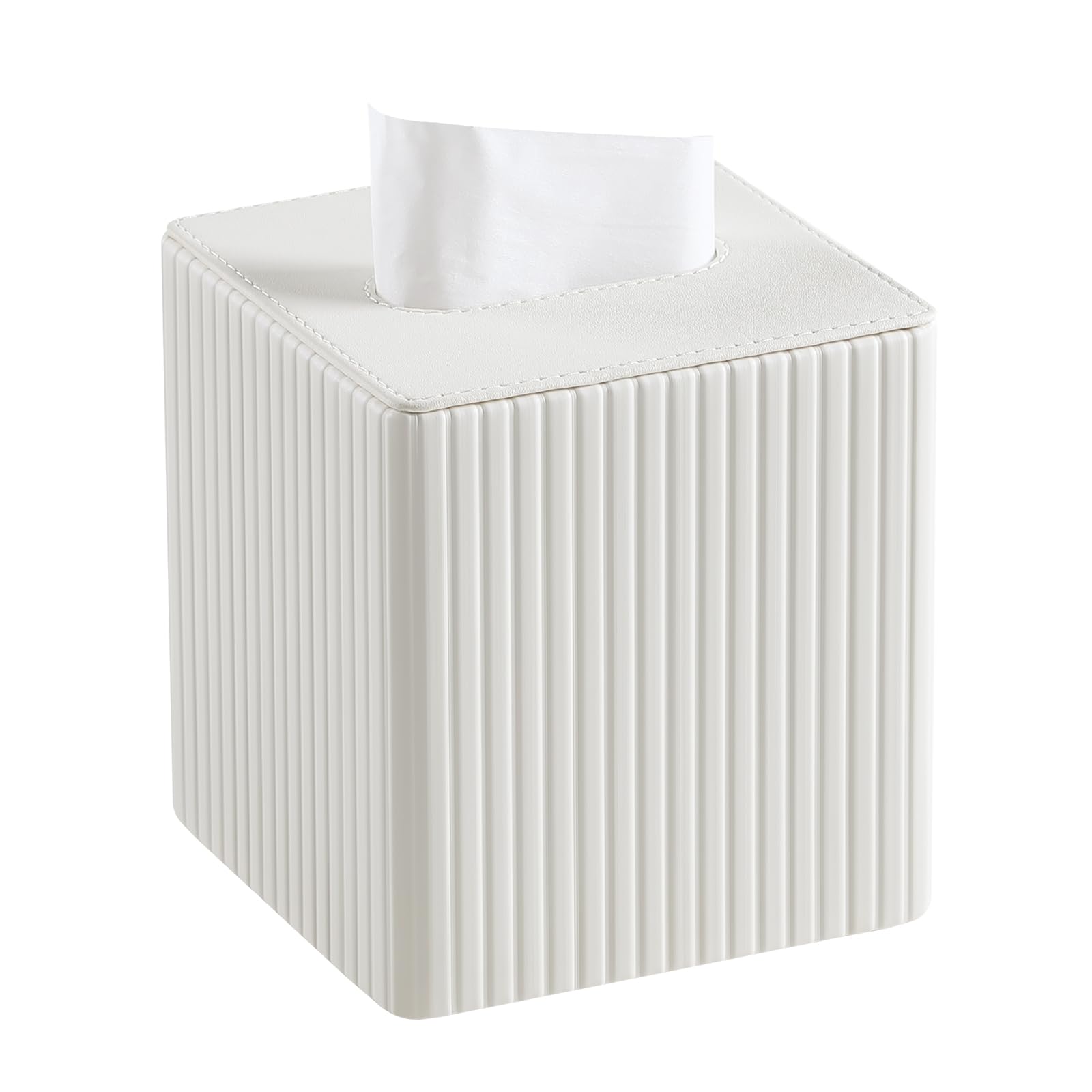 MEIBOOCH Tissue Box Cover Stylish PU Leather Square Tissue Box Holder with Magnetic Bottom for Bathroom Bedroom or Office (White Stripe),5.2 inchX5.2 inchX5.7 inch