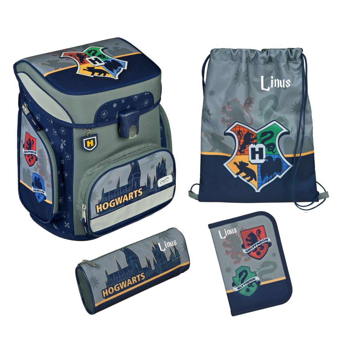 Juego de mochila escolar Harry Potter de 5 piezas para niños y niñas de 1ª clase, con contenido personalizado, mochila escolar con bolsa de deporte, estuche para escuela primaria, Harry Potter (Gris)