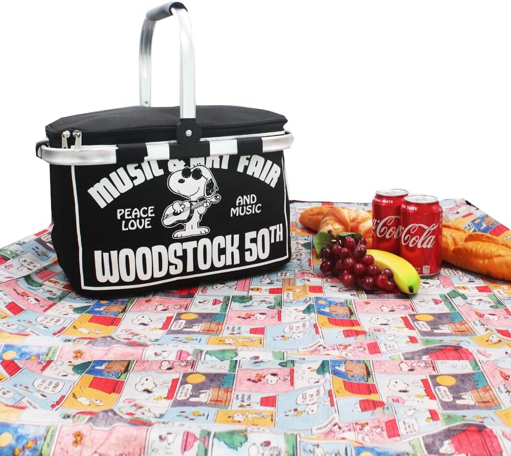 Finex Yellow Black Snoopy Picnic Set with 2 Foldable Picnic Basket + 2 Reusable Blanket Mat for Camping Hiking Outdoor Concert Theme Park Travel Day Trip : Patio, Lawn & Garden