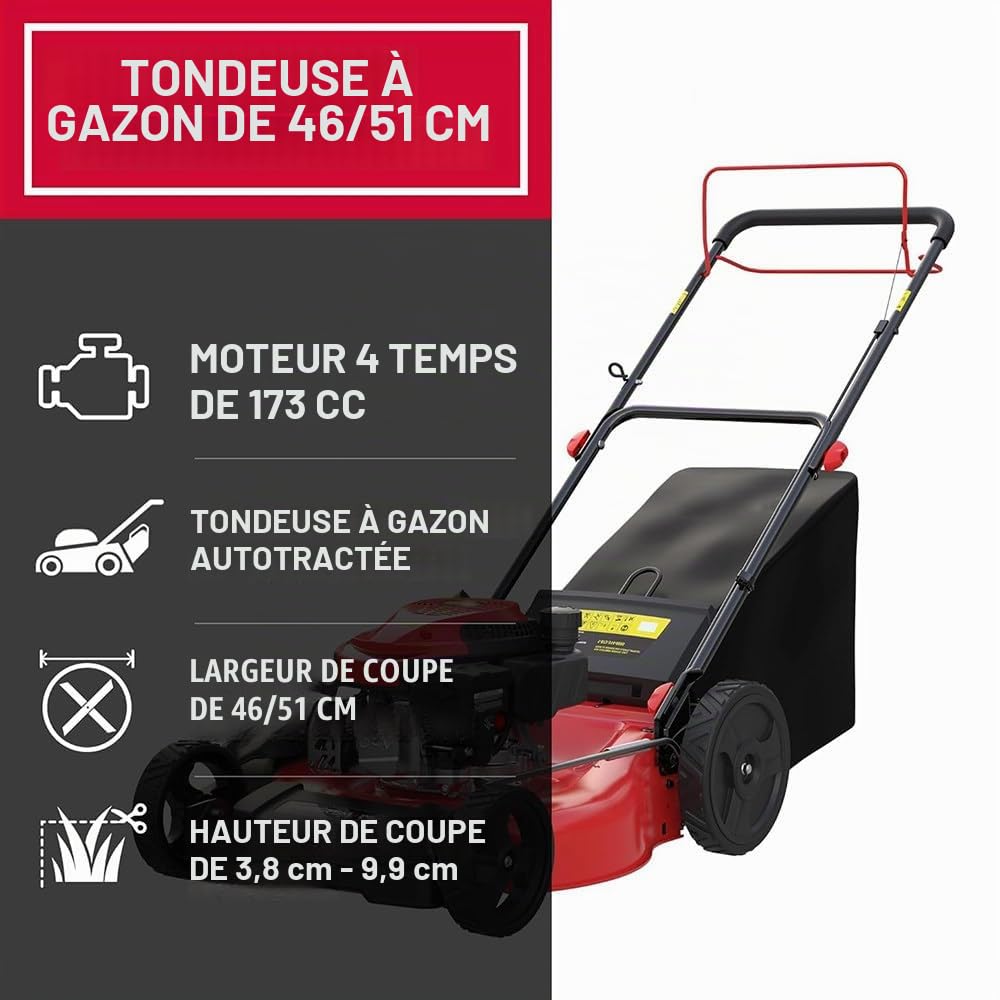 Tondeuse À Gazon Thermique Autotractée,Débroussailleuse Thermique 18/20",Réglage 7 Hauteurs,173Cc,Moteur 4 Temps,Largeur De Coupe 46/51Cm,Mulching/Ramassage/Éjection Latérale,Pour Cour,Jardin 20in