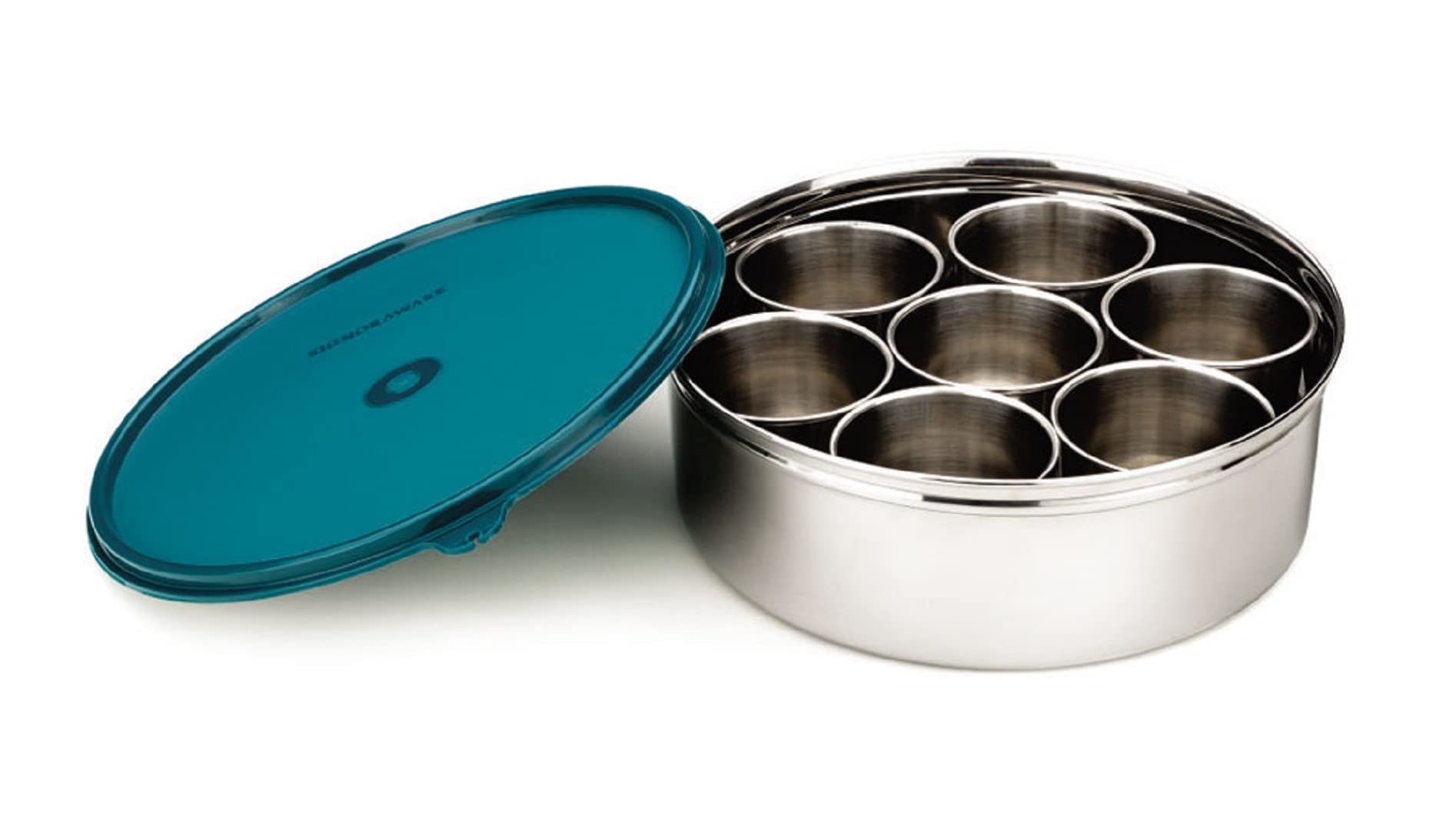 Signoraware Wonder Masala Stainless Steel Box & Container with Lid Easy top Open No Spill with Spoon / Store 7 Different Spices in a Box / Airtight / Food Grade (Green)