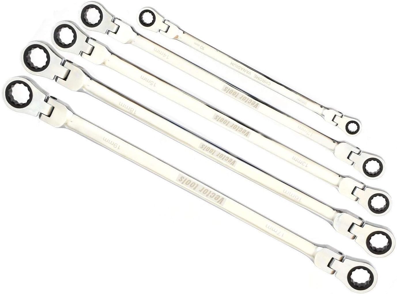 5 Pcs.Double Box End Ratcheting Wrench Flex-Head Long Set Metric 8mm - 19mm
