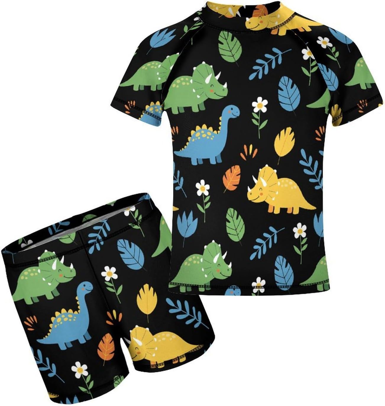Cartoon Dinosaur Boys' Short Sleeve Swimsuit and Swim Trunk 2-piece Set