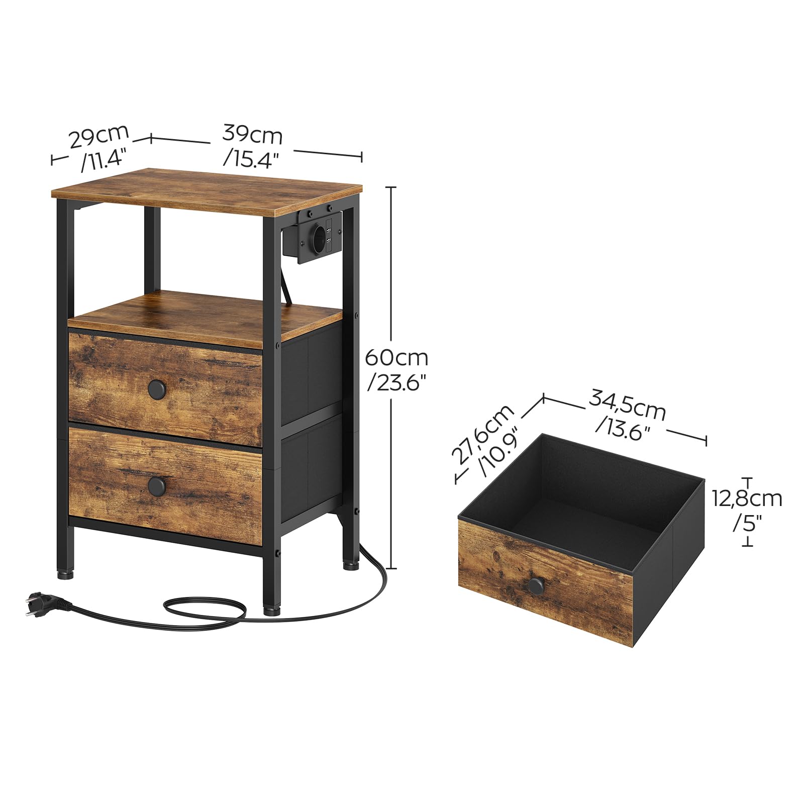 Nachtkastje met 2 laden, houten, bijzettafel met laadstation, 2 USB-poorten, bijzettafels zonder montage, dressoir/kast voor woonkamer, slaapkamer, kantoor (kleur: naturel