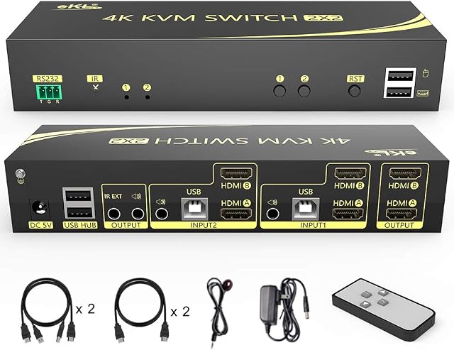 eKL HDMI KVM Switch 2 in 2 Out Dual Monitor Extended Display 4K@60Hz 4:4:4 with Audio and USB 2.0 Hub Sharing PC Monitor Keyboard Mouse Switcher