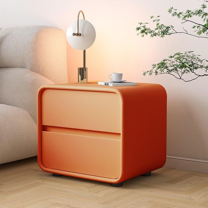 Bedside Table, Solid Wood Table with 2 Sliding Drawers, Modern Bedroom Side Leather Hidden Drawers(Orange,17.7X15.7X18.9in)