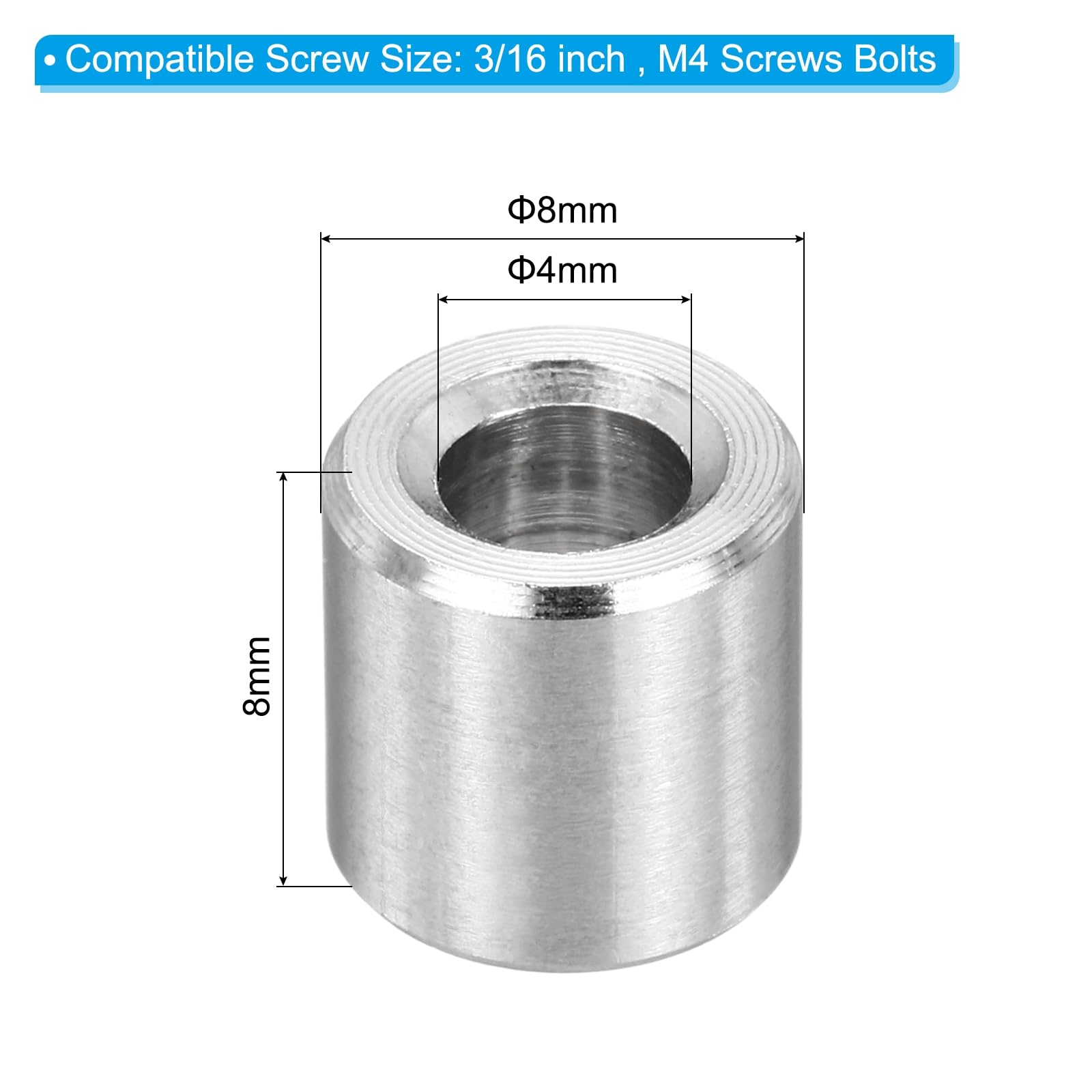 PATIKIL M4 Stainless Steel Spacers, 12Pcs Metal Spacer 4mm ID x 8mm OD x 8mm L Screw Standoff for 3/16" or M4 Screw - Image 2