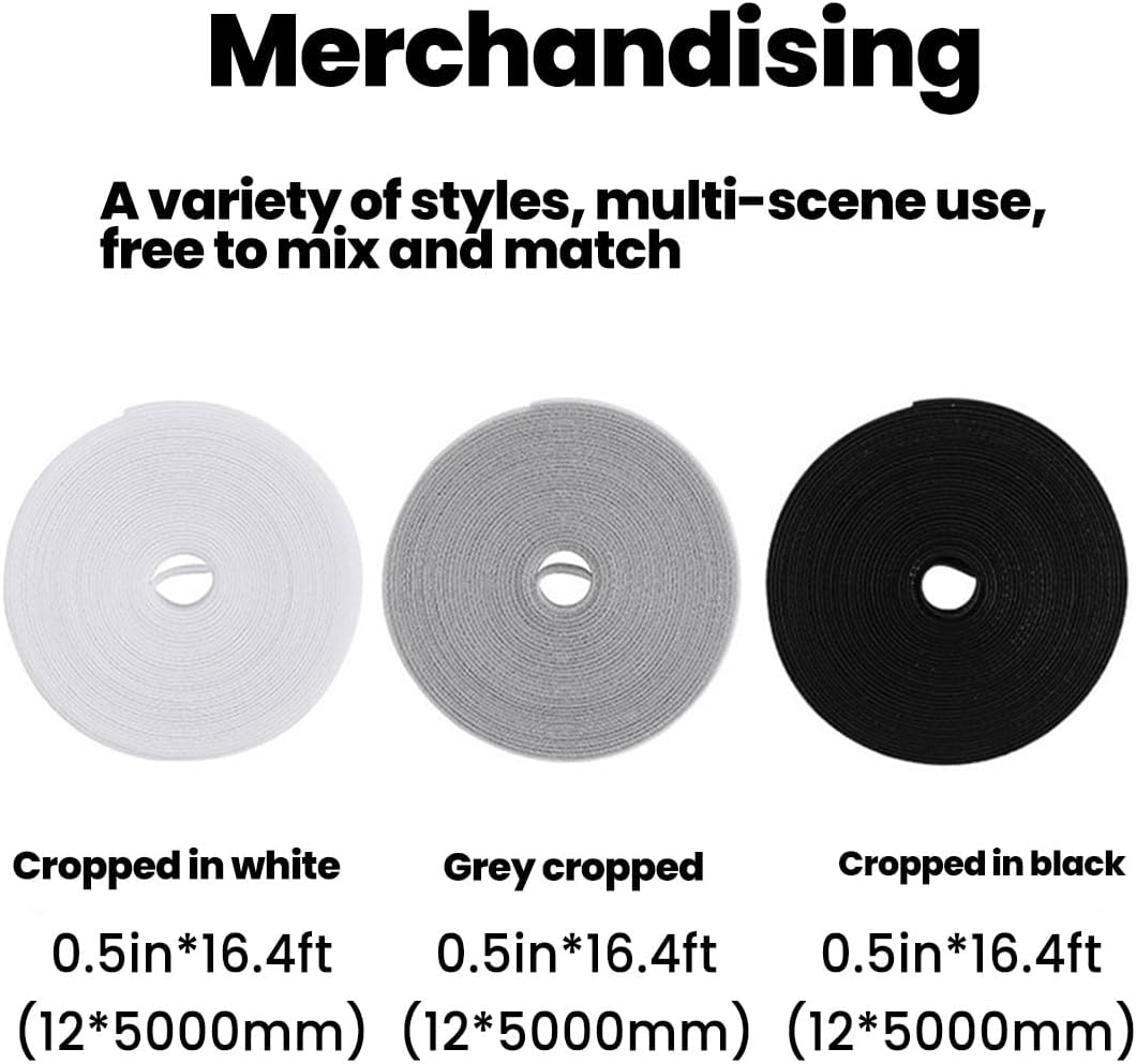 3-Roll Portable Cable Ties, 0.5 Inches x 16.5 Feet Adjustable Cable Ties, Hook and Loop Fastening Straps, Reusable Cable Management Ties, Ideal for Home, Office, and Travel, Black, White, and Gray