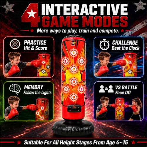 Punching Bag for Kids, Inflatable Boxing Bag Set with LED Targets, Scoring, Light, Music, 4 Game Modes, Memory Challenge & 2-Player Battle, Active Play Boxing Toy Gift for Boys Girls Ages 4-15 - Image 3