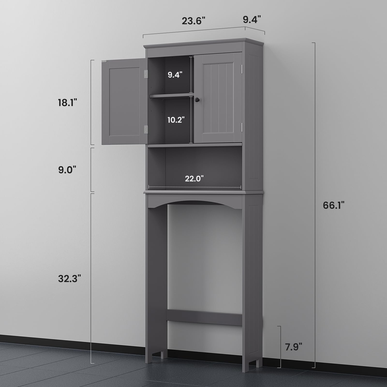 Bealife Toilettenregal, Regal über Toilette mit 3-stufigen verstellbaren Regalen, WC Überbauschrank Freistehend, Überbau Toilettenschrank mit Doppeltüren für Badezimmer (Grau)