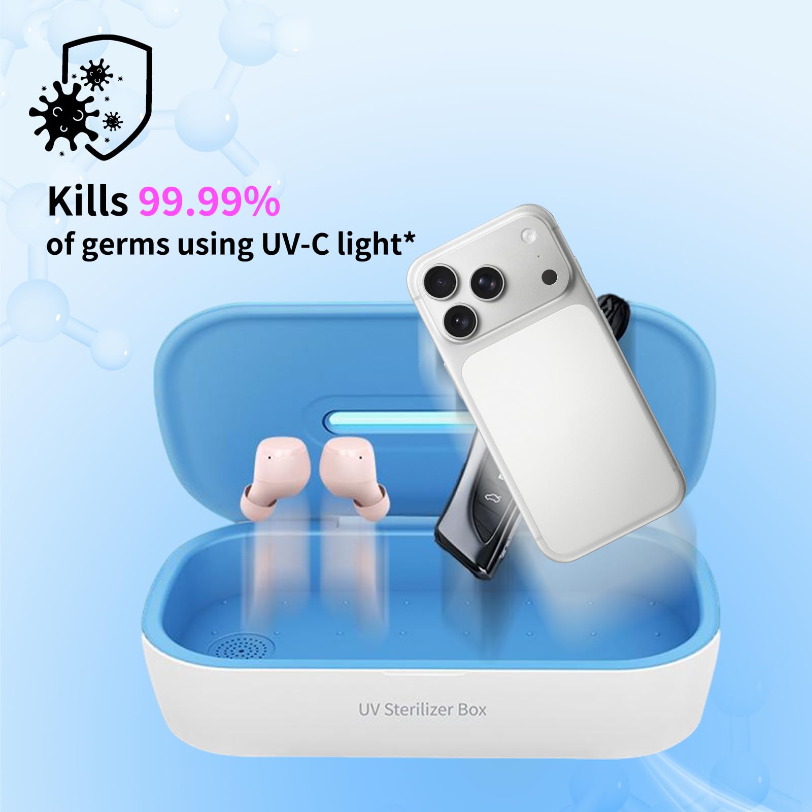 Boîte de nettoyage à lumière UV, machine de nettoyage de téléphone UV à 360° avec écran LCD, pour téléphone, lunettes, clés, outils