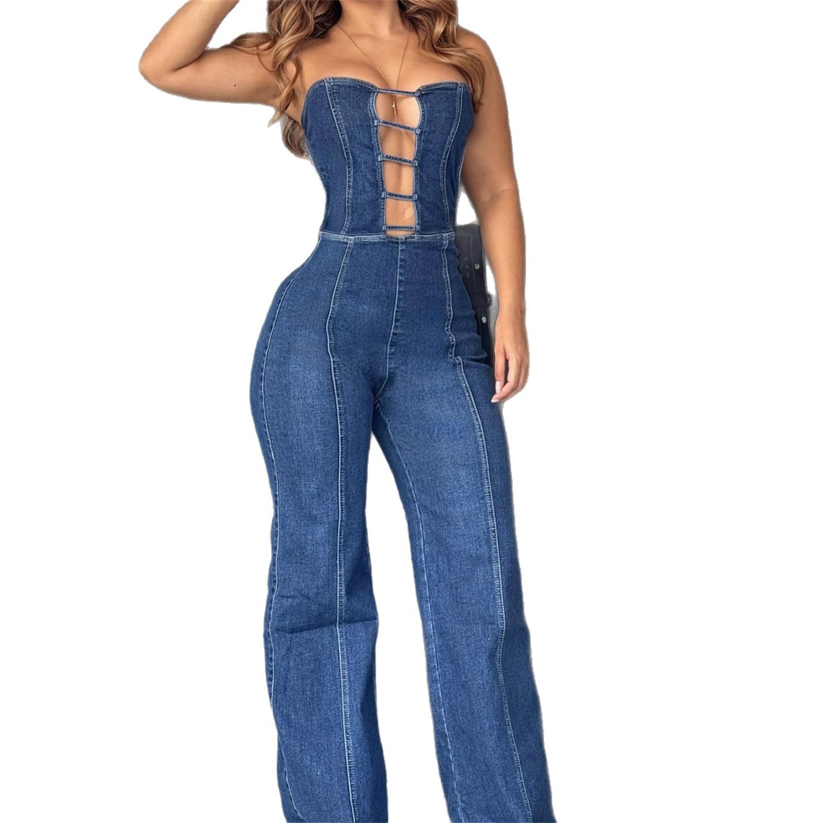 Combinaisons en Jean Sexy à la Mode Vêtements d'été pour Femmes Combinaisons sans Bretelles et Dos Nu Jean Droit Combinaisons Une pièce Tenue Salopette