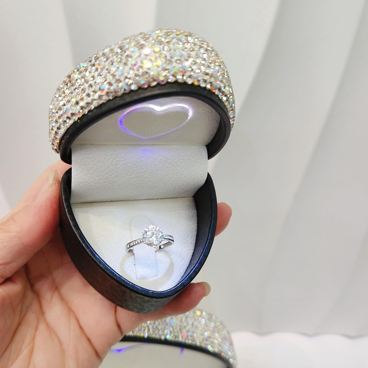 Naimo Rhinestone Heart Shaped Engagement Ring Box Velvet Holder Earrings Coin Jewelry Box Case with LED Lighted up for Proposal Wedding Birthday Gift