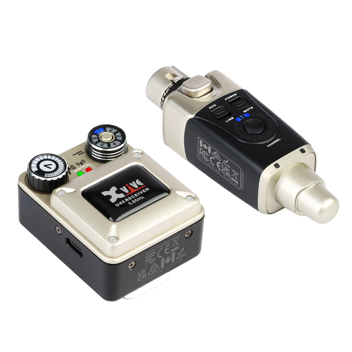 Xvive - U45 IN-EAR MONITOR - Sistema di monitoraggio in-ear wireless 5.8ghz trasmettitore e ricevitore bodypack per studio, prove con la band, esibizioni dal vivo, modalità di scansione dei canali