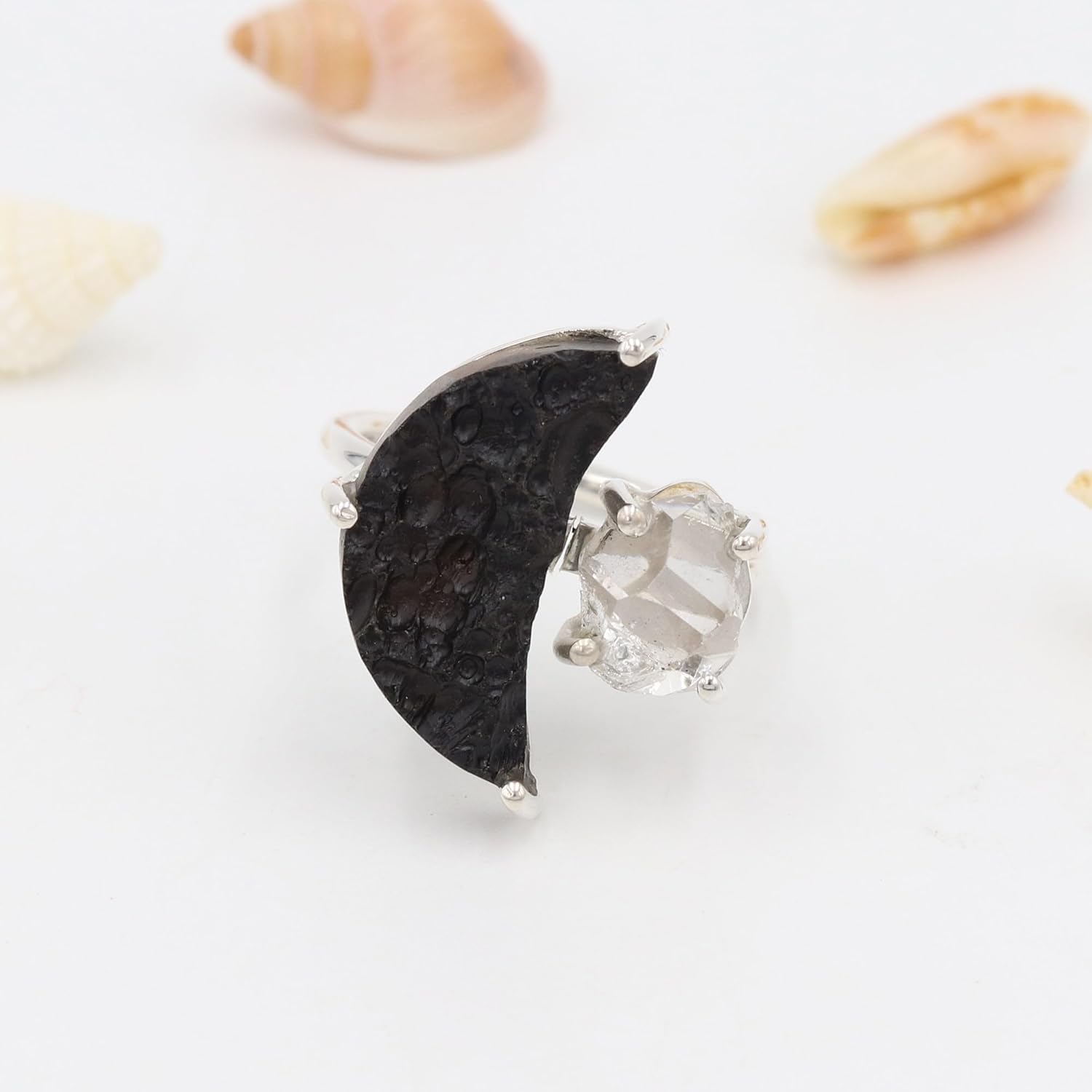 18K Gold Plated Silver & 925 Silver Herkimer & Tektite Ring – Handmade Raw Gemstone Jewelry