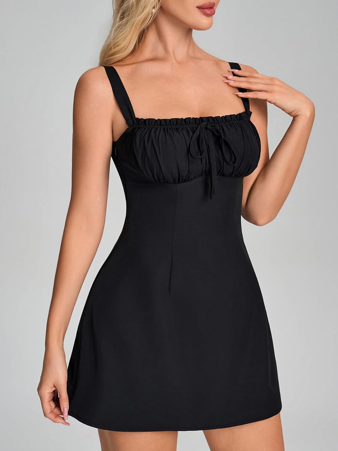 Auraxe Women's Summer Casual Mini Graduation Dress Cute Square Neck Lace Up A Line Beach Party Short Dresses for Women - Image 2