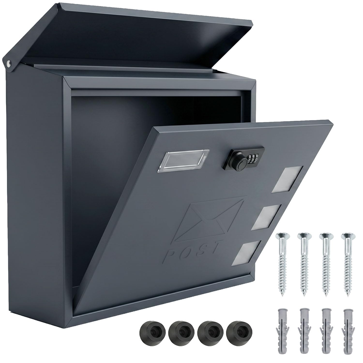 Post Box, Wall Mounted Letterbox, Galvanized Steel Mail Box with Combination Lock, 3 Viewing Windows, Nameplate, Waterproof Outdoor Post Box Wall Mounted, 35 x 30 x 10 cm, ANTHRACITE GRAY