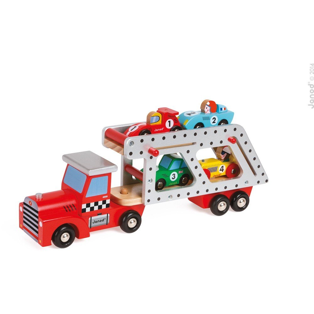 Janod - From 2 years old - Large Wooden Car Carrier - 4 Wooden Cars Included - Develops Imagination - J08572, Rode