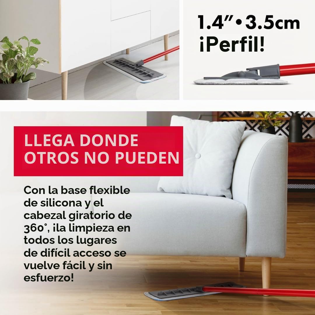 Tyroler Mop - Limpieza versátil para Suelos de parquet, Madera, laminados y baldosas, Cabeza de Silicona Flexible 100% Resistente a los arañazos | Incluye 2 paños de Microfibra adicionales